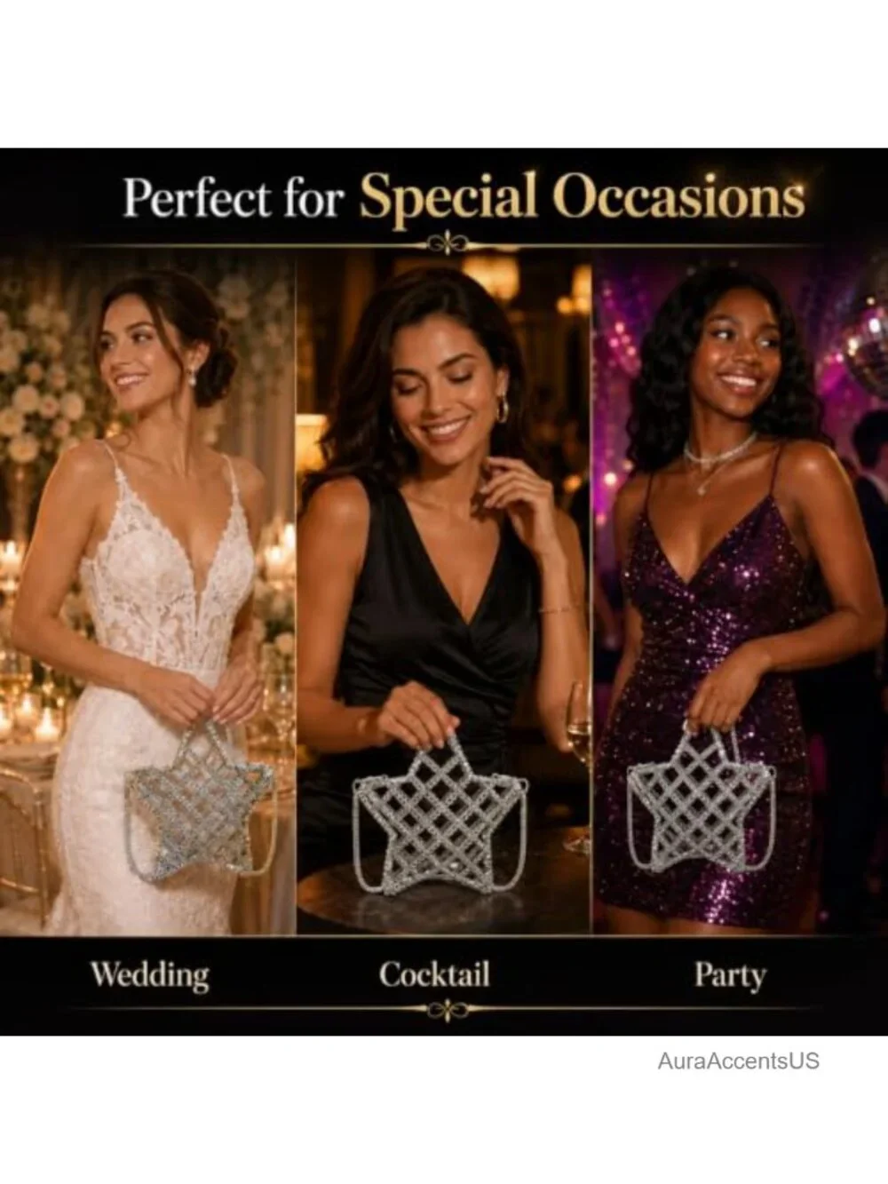 Metal Star Shape Clutch Purse Crossbody Bag Detachable Shoulder Chain Evening